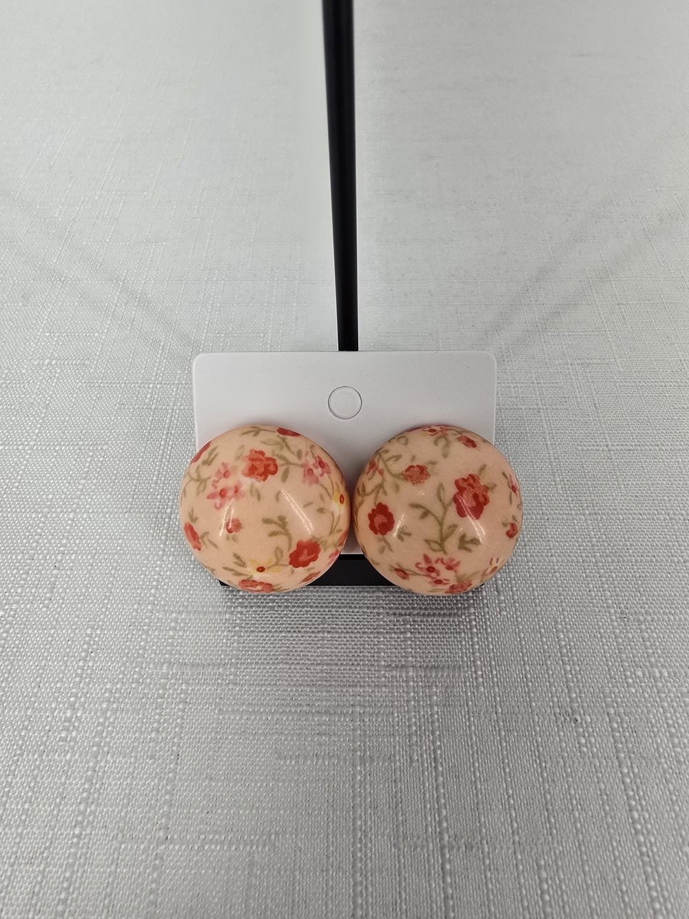Peach Floral Round Button Earrings - Peach and Red Accents